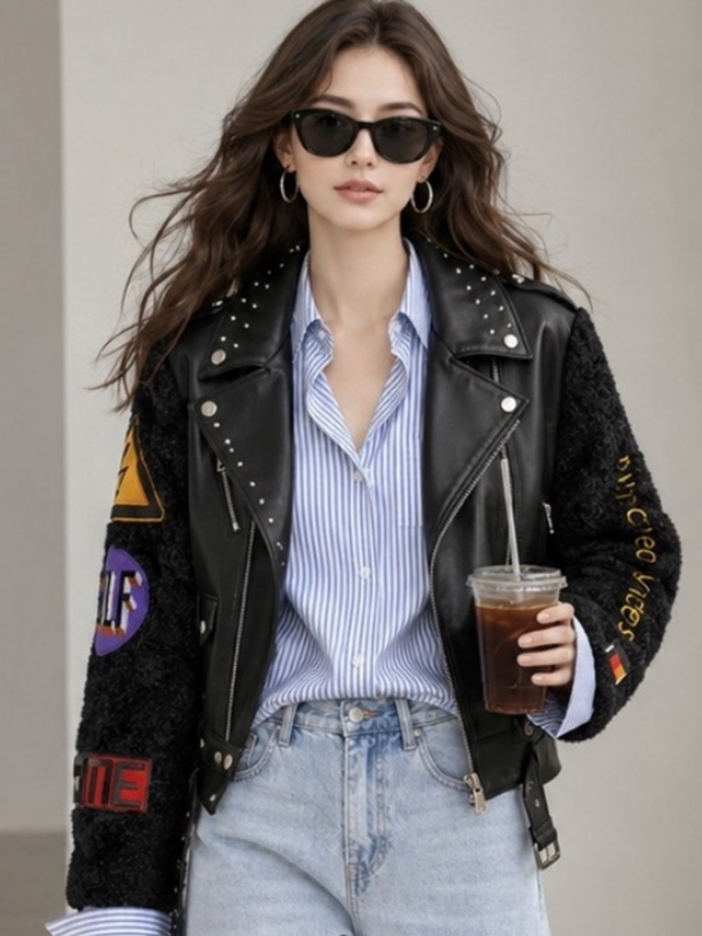 Women's Black Studded Graphic Sleeve Lether Moto Biker Jacket
